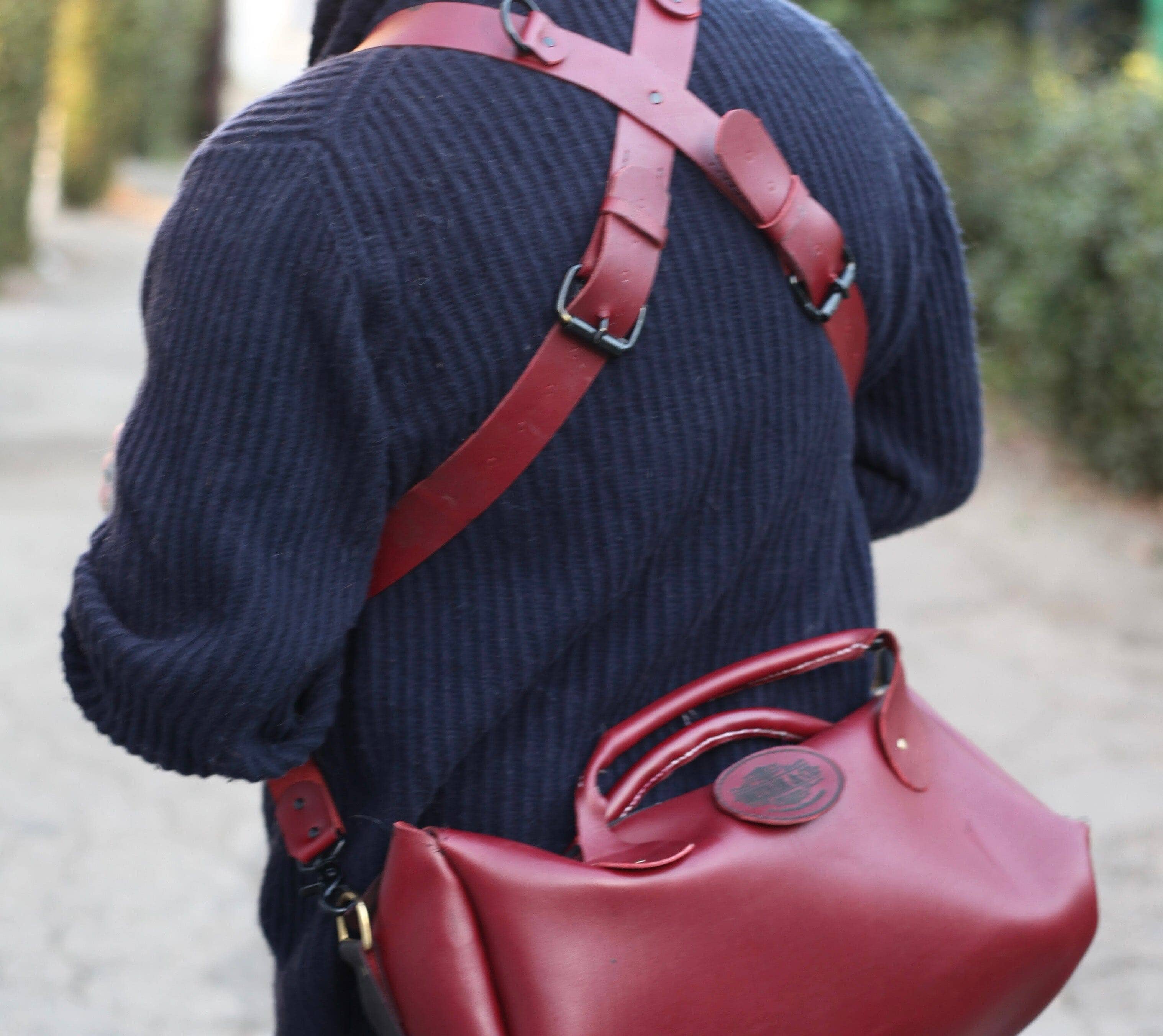The Ultimate Travel Bag: Shackle Back Suspender & Weekender Duffle Combo in Red Leather | Sheehan&Co - Sheehan and Co.