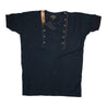 Short sleeve navy henley with two plackets is pictured here.  The placket where the buttons are sewn is made of a contrasting brown lambskin leather.  The buttons are make of copper colored metal .